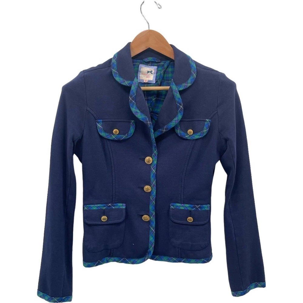 🍀Tommy Girl Navy Blue Piping Notch Lapel Single Breasted Blazer Jacket Size M